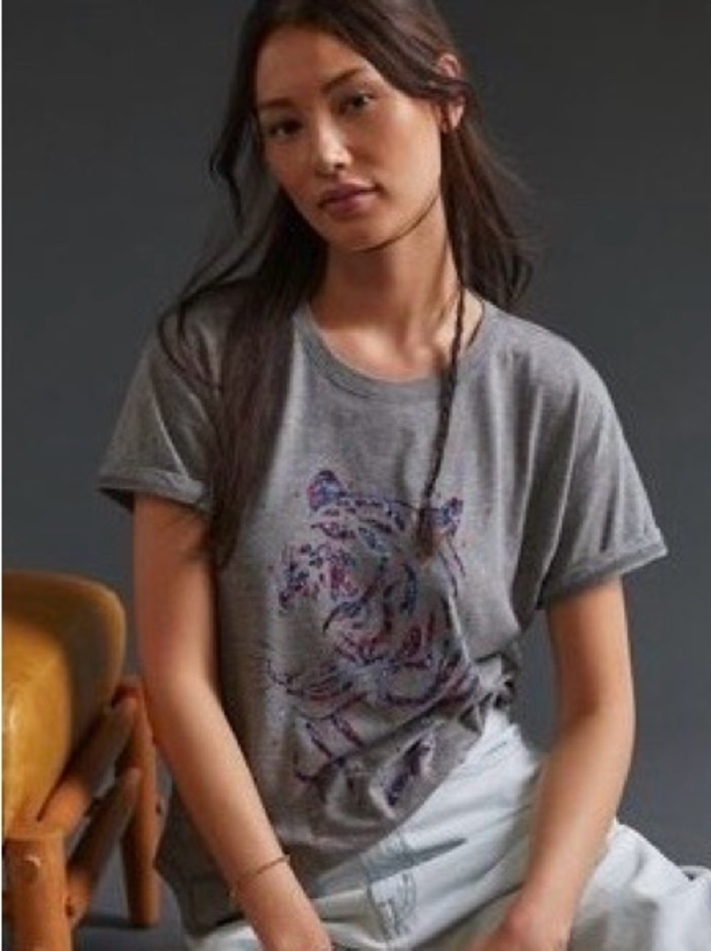 Anthropologie Floral Tiger Graphic Tee Shirt | NWT Size XS | Heather Gray